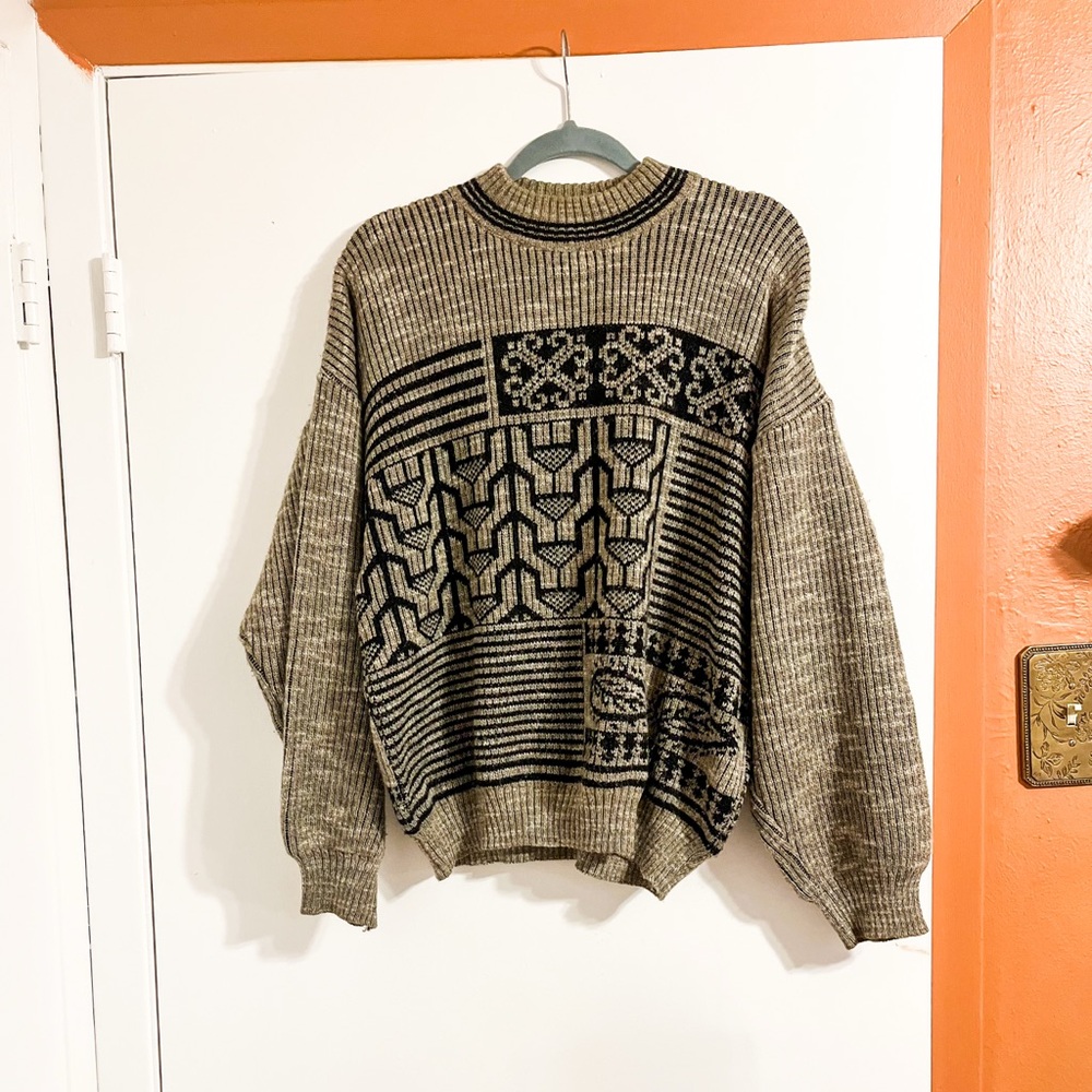 Vintage Men's Patterned Grandpa Sweater - Black and Tan